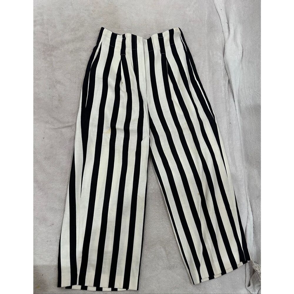Ann Tjian for KENAR petites size 8 100% linen black and white/cream striped pant